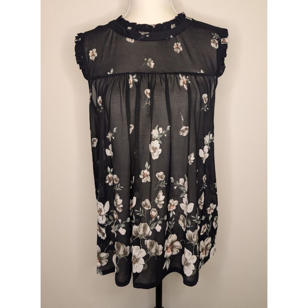 Ivy Rose Black Floral Mesh Sheer Top Sleeveless Ruffle Mock Neck Blouse XL
